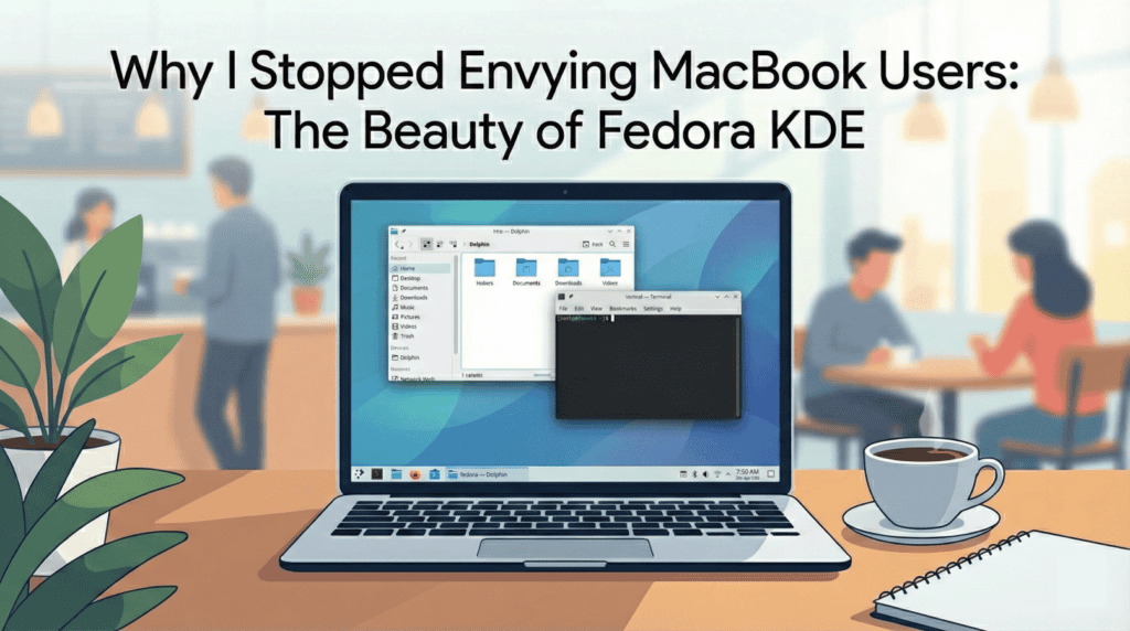 A laptop running Fedora KDE Plasma showing a modern, elegant desktop interface with blurred transparency and floating dock in a coffee shop setting.
