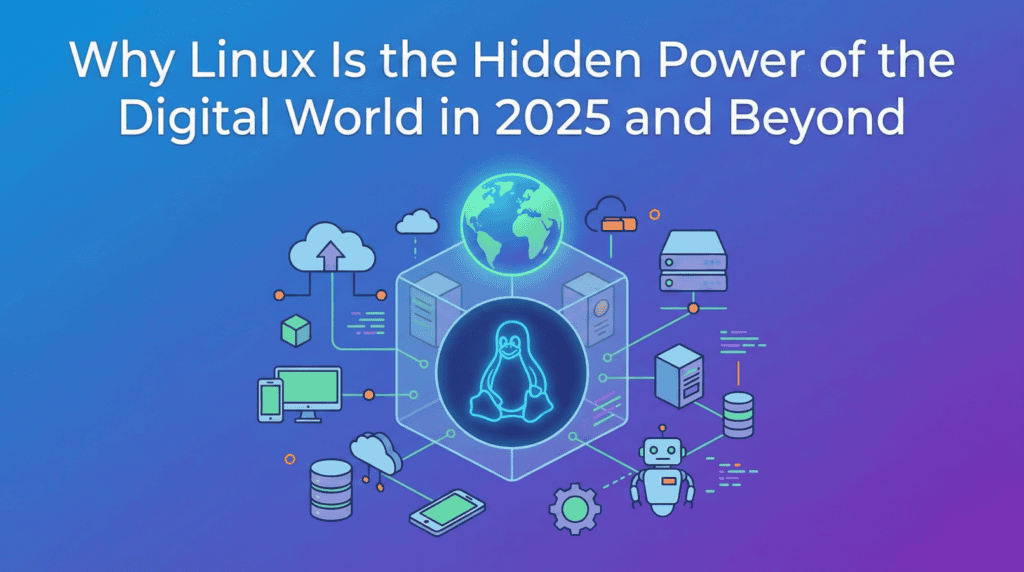 Why Linux Is the Hidden Power of the Digital World in 2025 and Beyond Minimalist vector illustration featuring the Linux Tux mascot at the center of a digital network connecting servers, cloud, and IoT devices, representing the Linux hidden power in 2025.