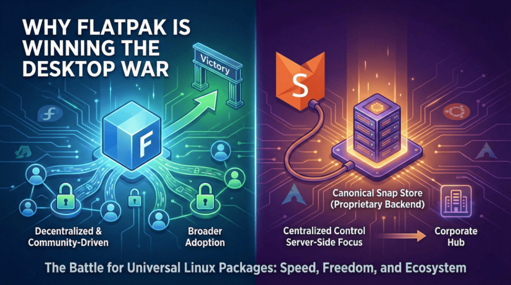 Comparison of Flatpak and Snap universal package formats logos on a Linux desktop background.