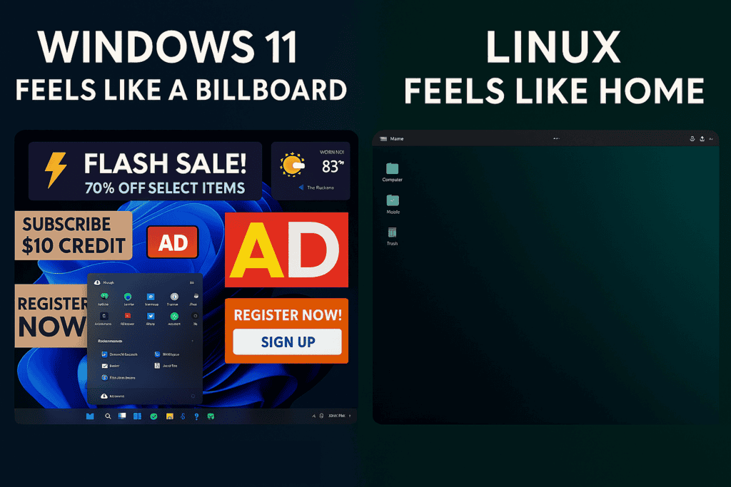 Side-by-side comparison showing a cluttered Windows 11 desktop filled with ads and pop-ups versus a clean, minimalist Linux desktop environment.